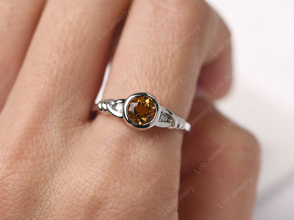 Citrine Ring Round Bezel Engagement Ring - LUO Jewelry