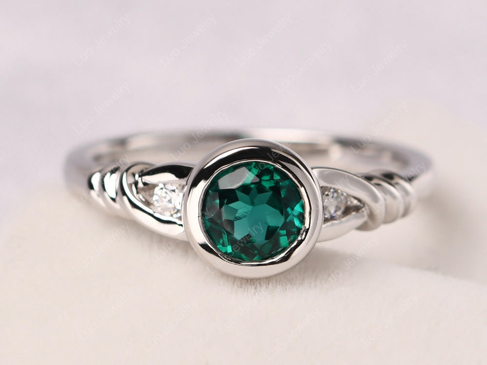 Emerald Ring Round Bezel Engagement Ring - LUO Jewelry