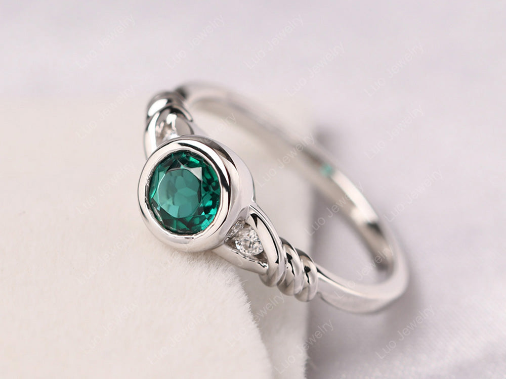 Emerald Ring Round Bezel Engagement Ring - LUO Jewelry