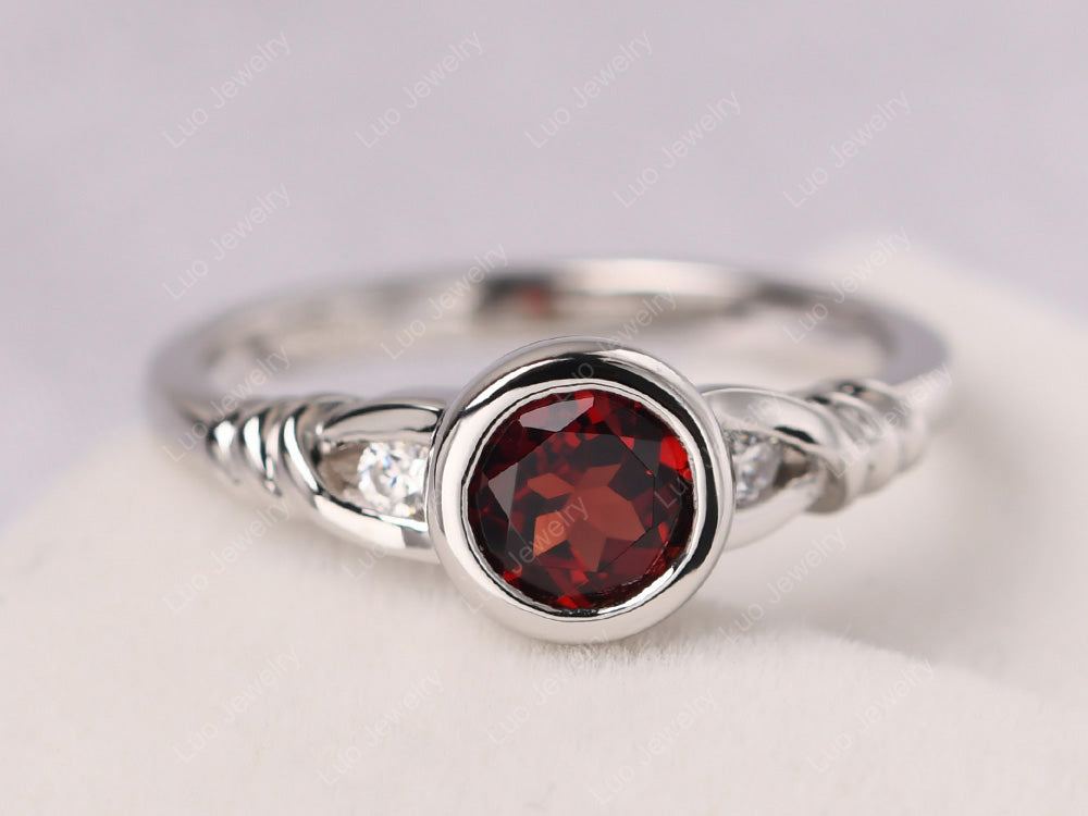 Garnet Ring Round Bezel Engagement Ring - LUO Jewelry