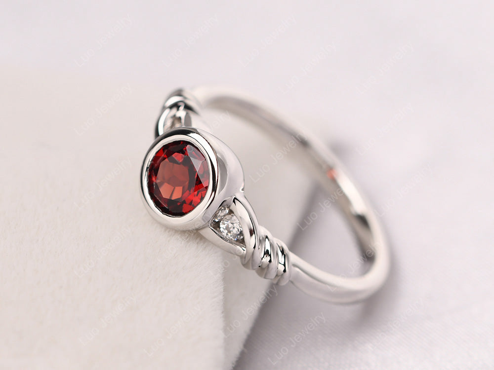 Garnet Ring Round Bezel Engagement Ring - LUO Jewelry