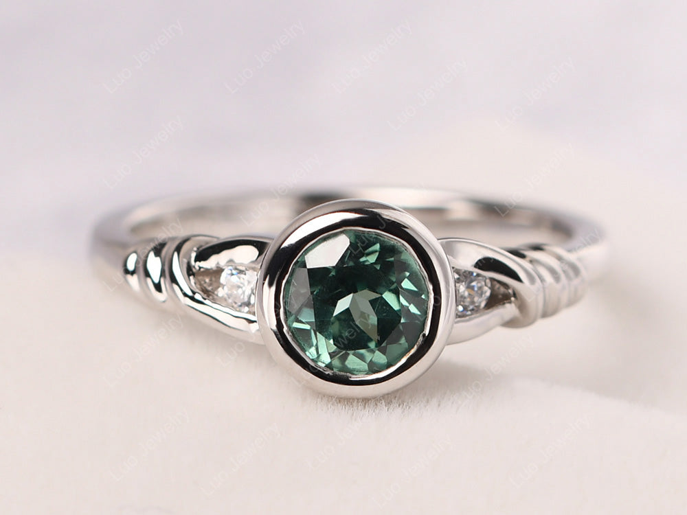 Green Sapphire Ring Round Bezel Engagement Ring - LUO Jewelry