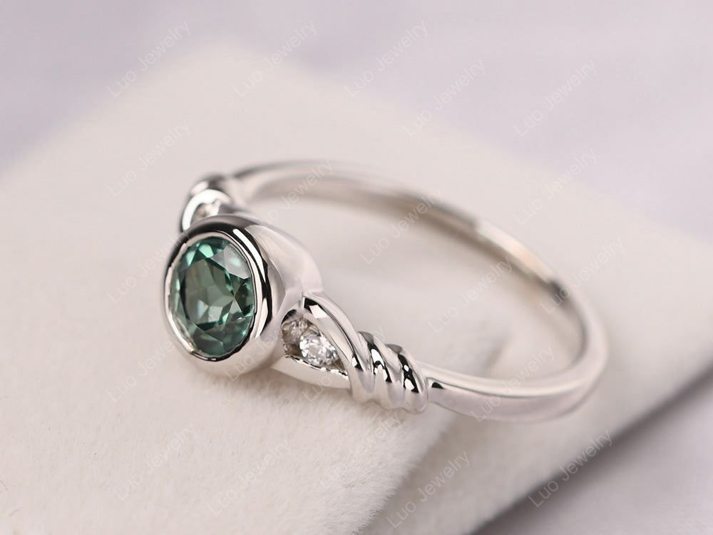 Green Sapphire Ring Round Bezel Engagement Ring - LUO Jewelry