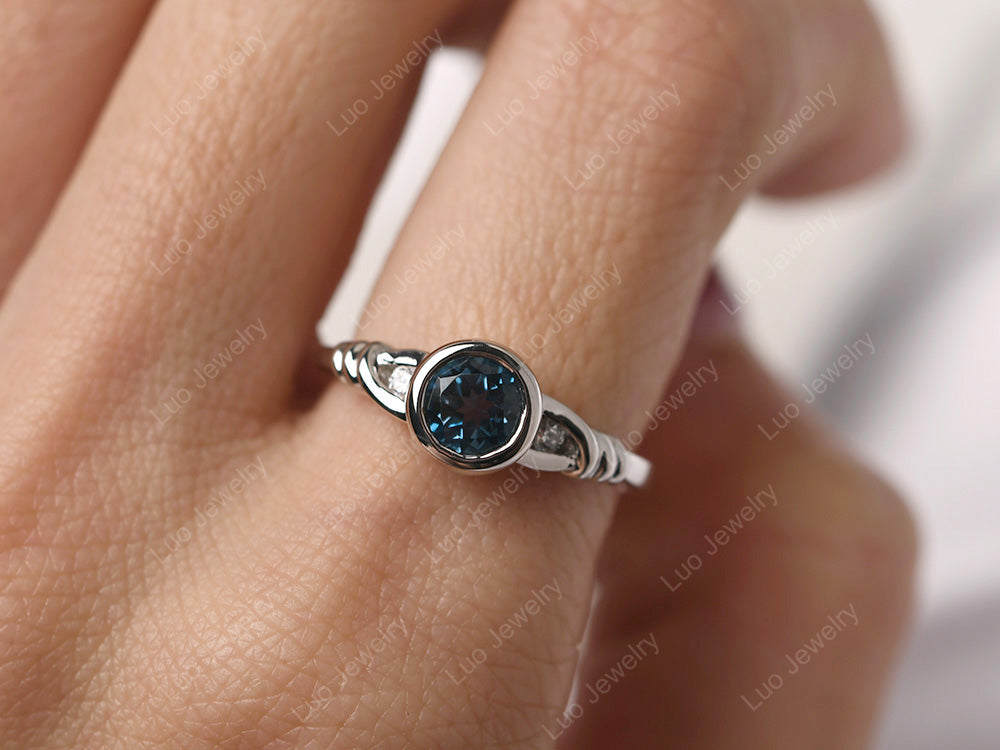 London Blue Topaz Ring Round Bezel Engagement Ring - LUO Jewelry