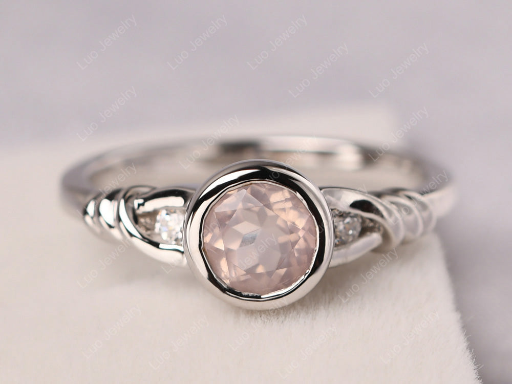 Rose Quartz Ring Round Bezel Engagement Ring - LUO Jewelry