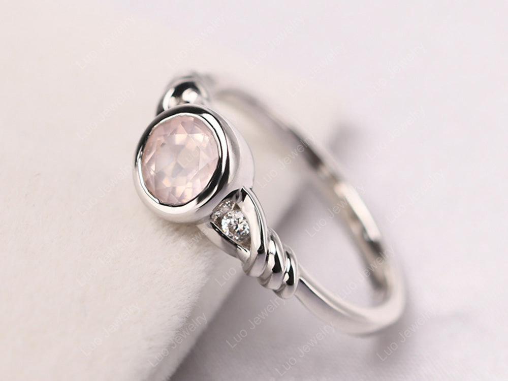 Rose Quartz Ring Round Bezel Engagement Ring - LUO Jewelry