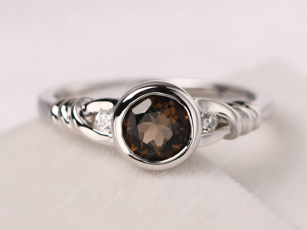 Smoky Quartz  Ring Round Bezel Engagement Ring - LUO Jewelry