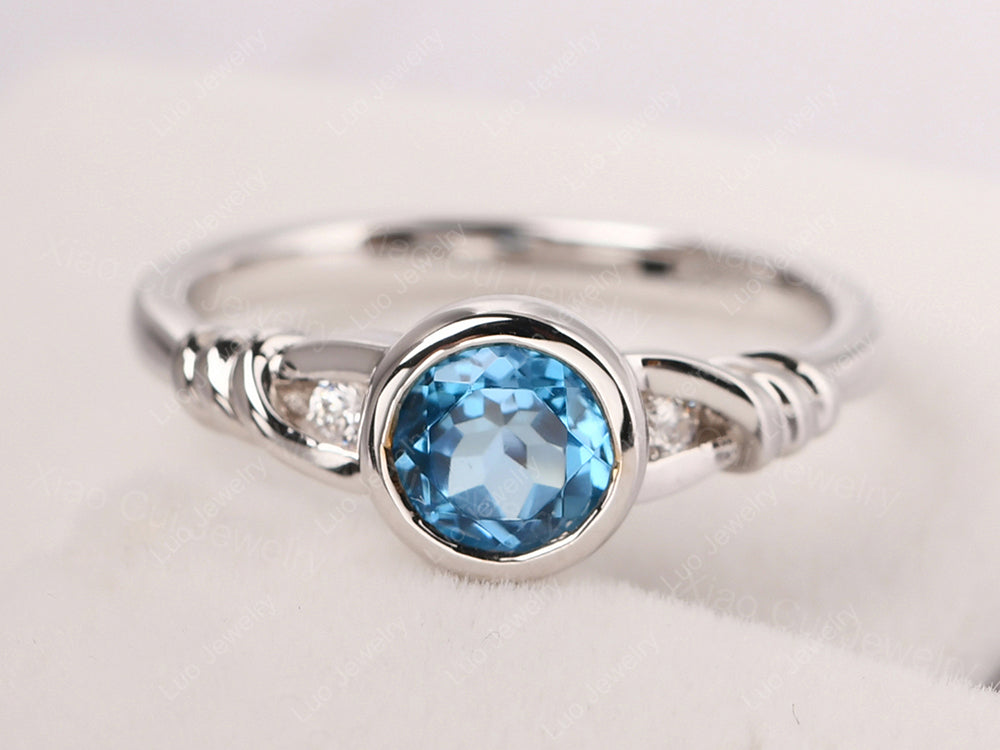Swiss Blue Topaz Ring Round Bezel Engagement Ring - LUO Jewelry