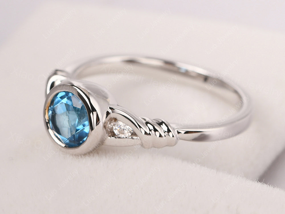 Swiss Blue Topaz Ring Round Bezel Engagement Ring - LUO Jewelry