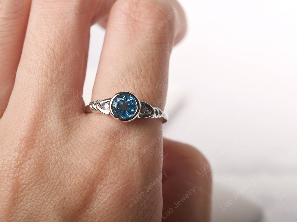 Swiss Blue Topaz Ring Round Bezel Engagement Ring - LUO Jewelry