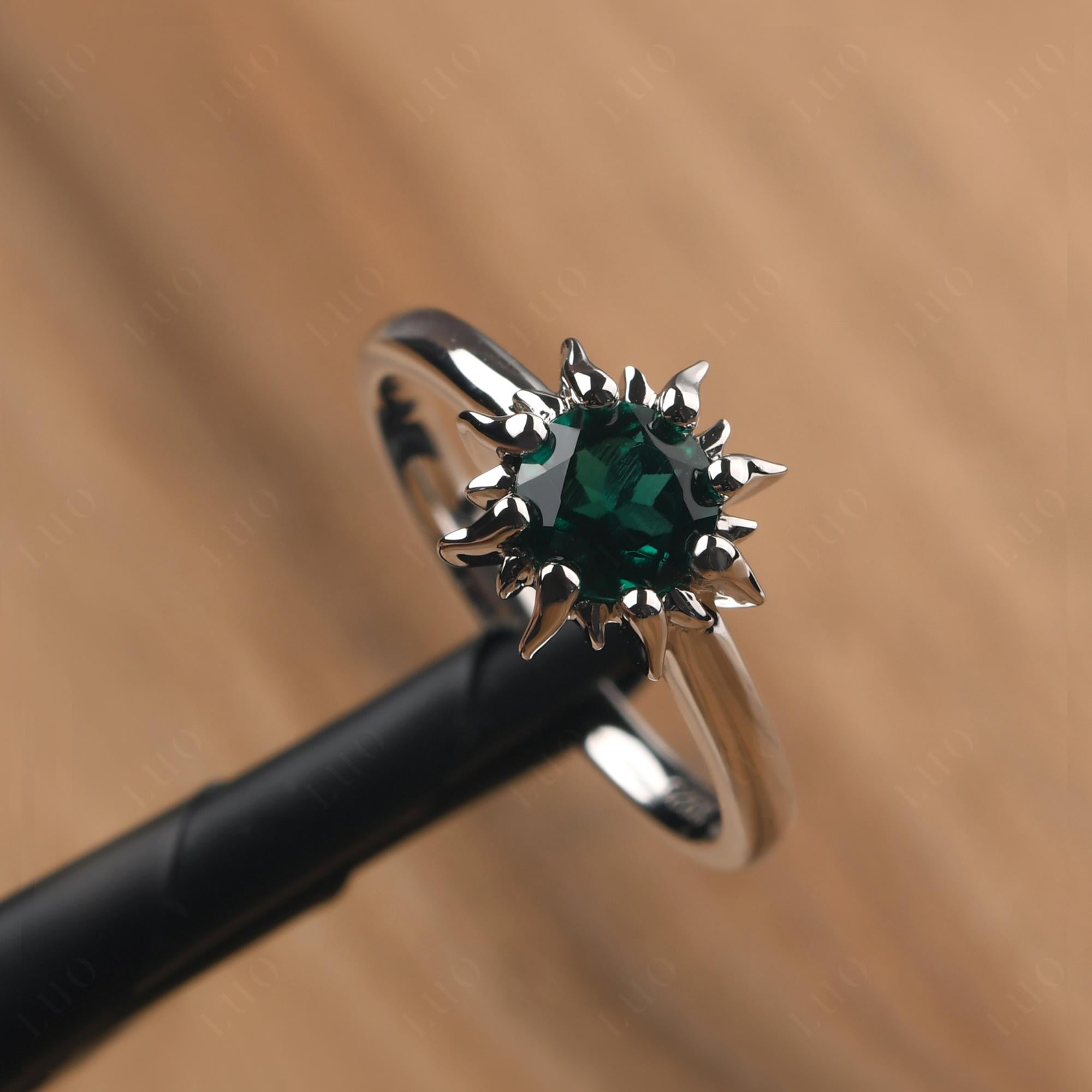 Sunburst Lab Grown Emerald Solitaire Ring - LUO Jewelry