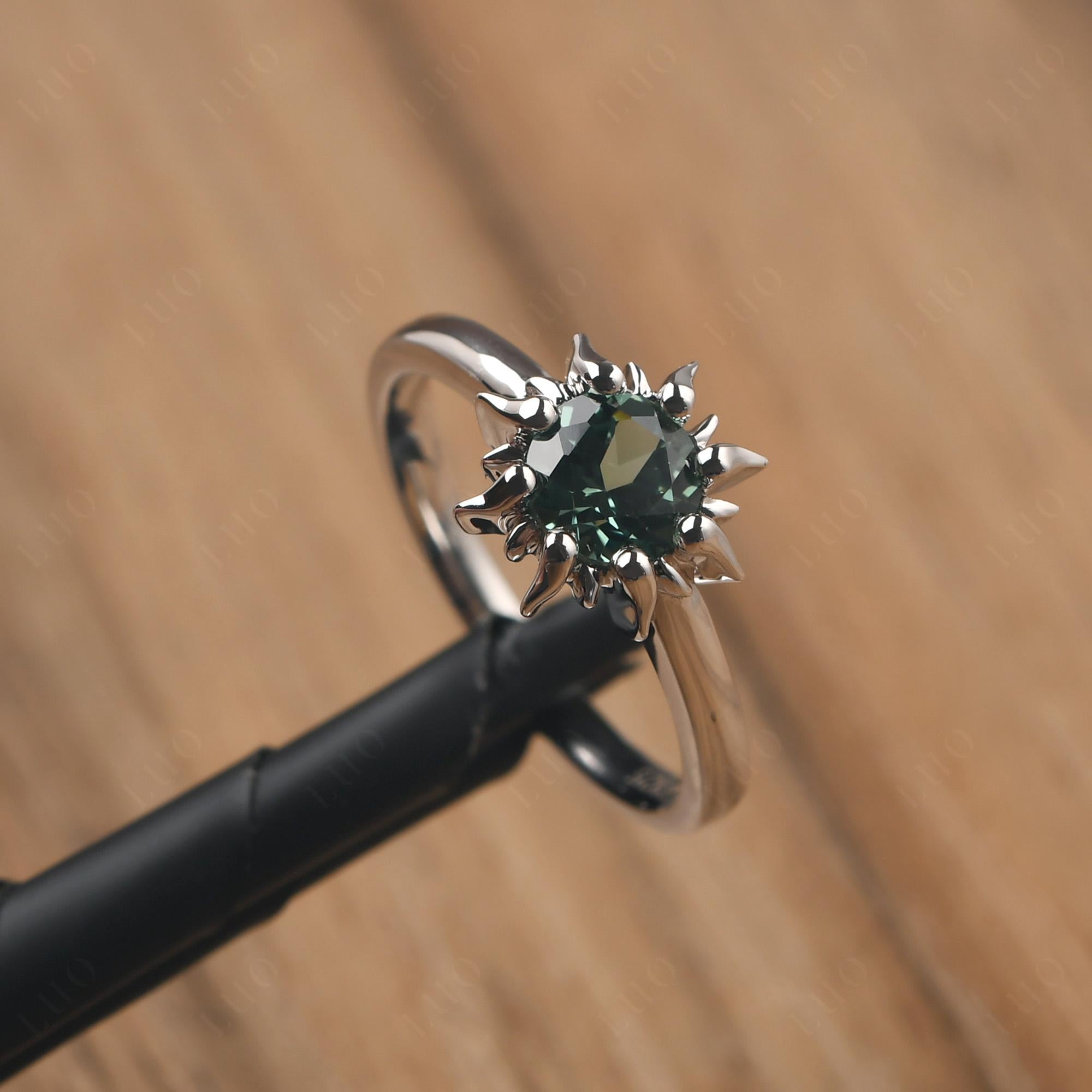 Sunburst Green Sapphire Solitaire Ring - LUO Jewelry