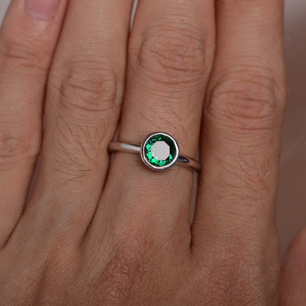 Round Cut Lab Emerald Bezel Set Engagement Ring - LUO Jewelry