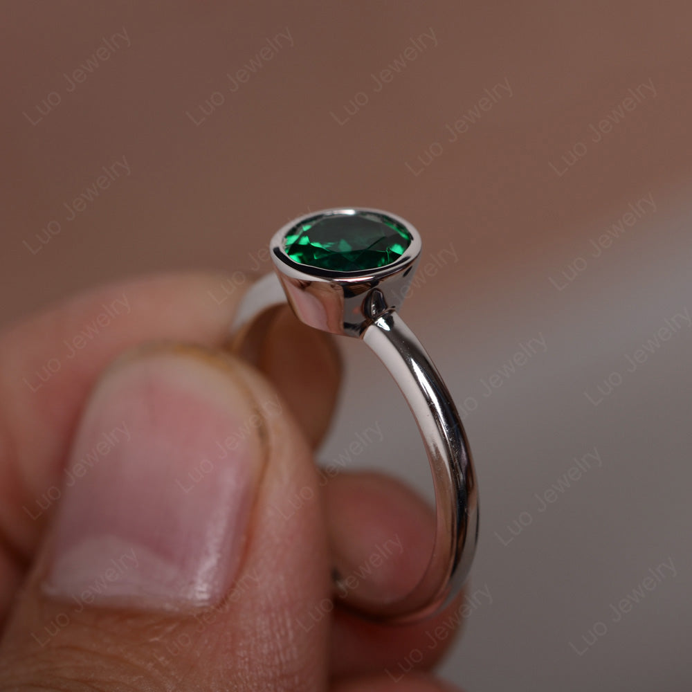 Round Cut Lab Emerald Bezel Set Engagement Ring - LUO Jewelry