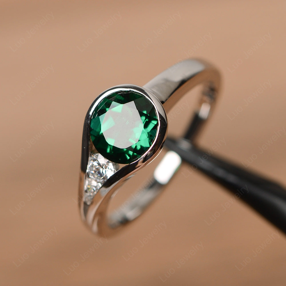 Vintage Lab Emerald Engagement Ring Bezel Set - LUO Jewelry