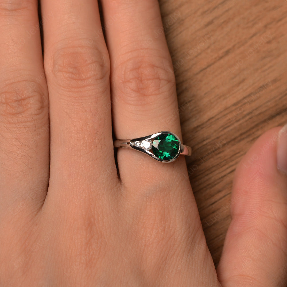Vintage Lab Emerald Engagement Ring Bezel Set - LUO Jewelry