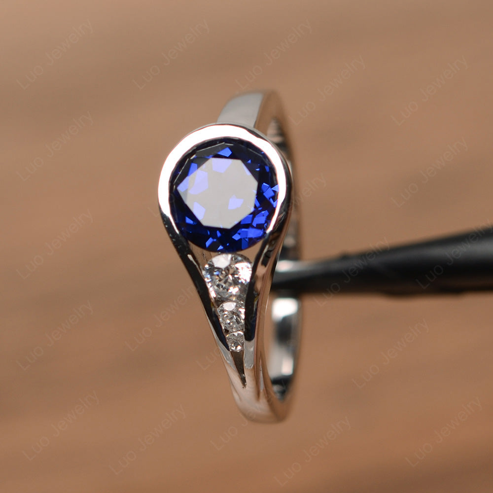 Vintage Lab Sapphire Engagement Ring Bezel Set - LUO Jewelry