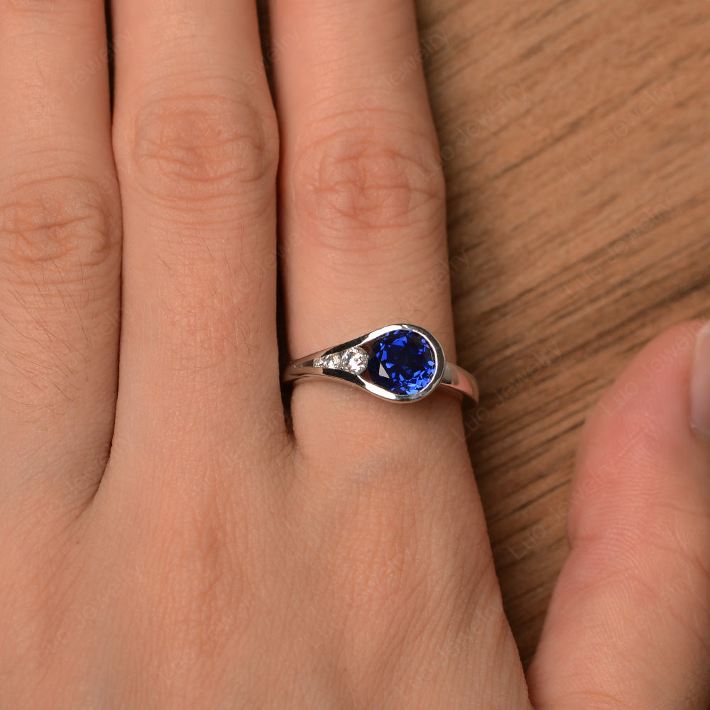 Vintage Lab Sapphire Engagement Ring Bezel Set - LUO Jewelry
