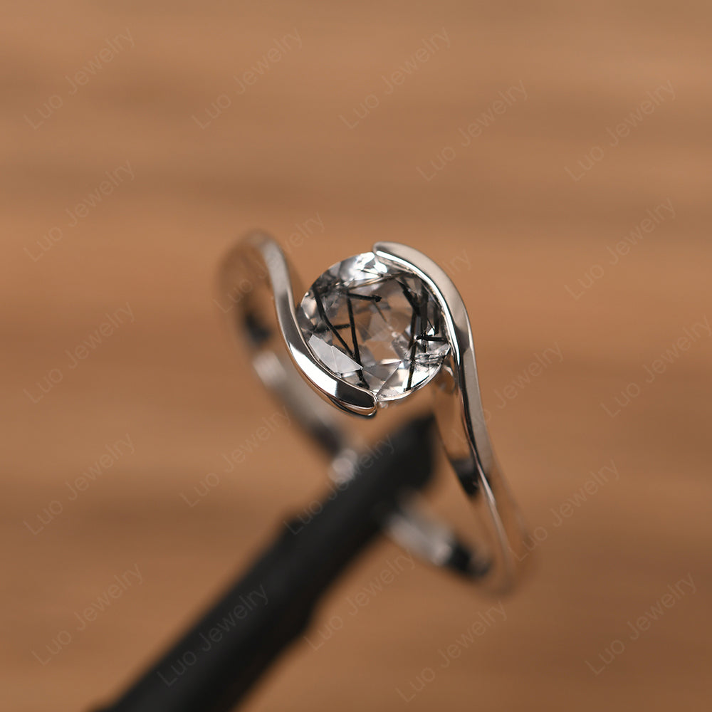 Black Rutilated Quartz Solitaire Bezel Set Engagement Ring - LUO Jewelry