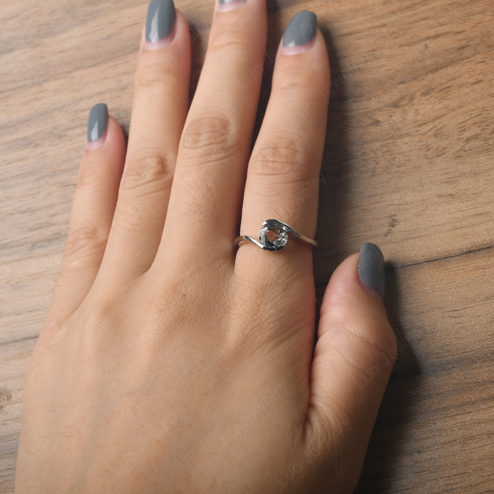 Black Rutilated Quartz Solitaire Bezel Set Engagement Ring - LUO Jewelry