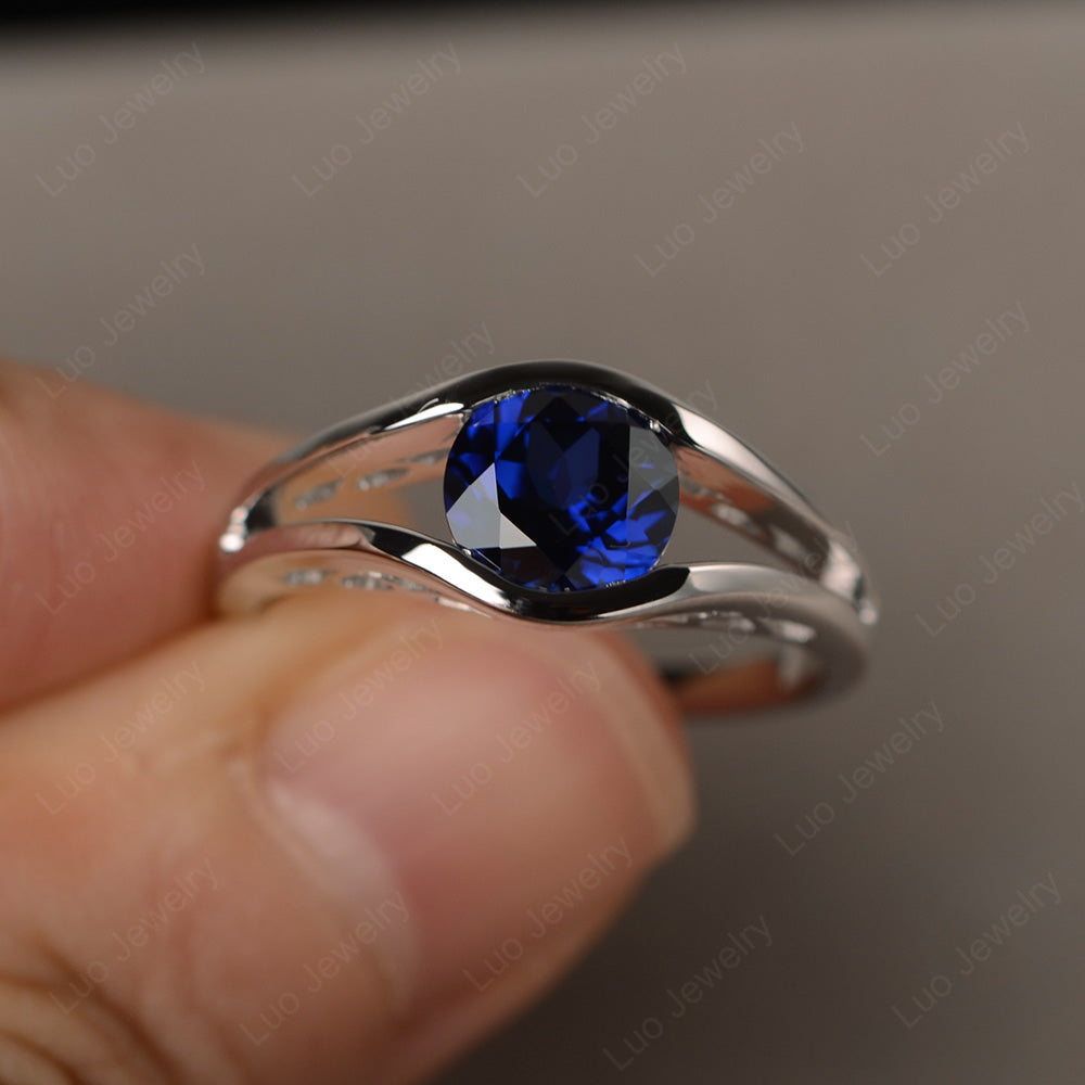 Vintage Lab Sapphire Ring Solitaire Wedding Ring - LUO Jewelry