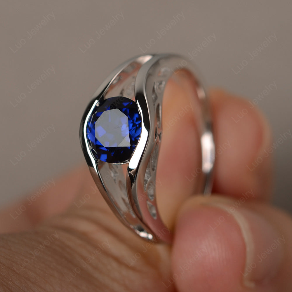 Vintage Lab Sapphire Ring Solitaire Wedding Ring - LUO Jewelry