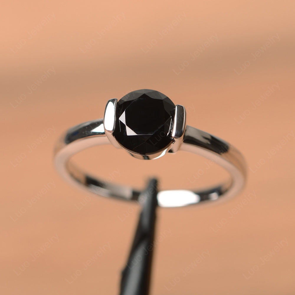 Round Cut Black Spinel Solitaire Bezel Ring - LUO Jewelry