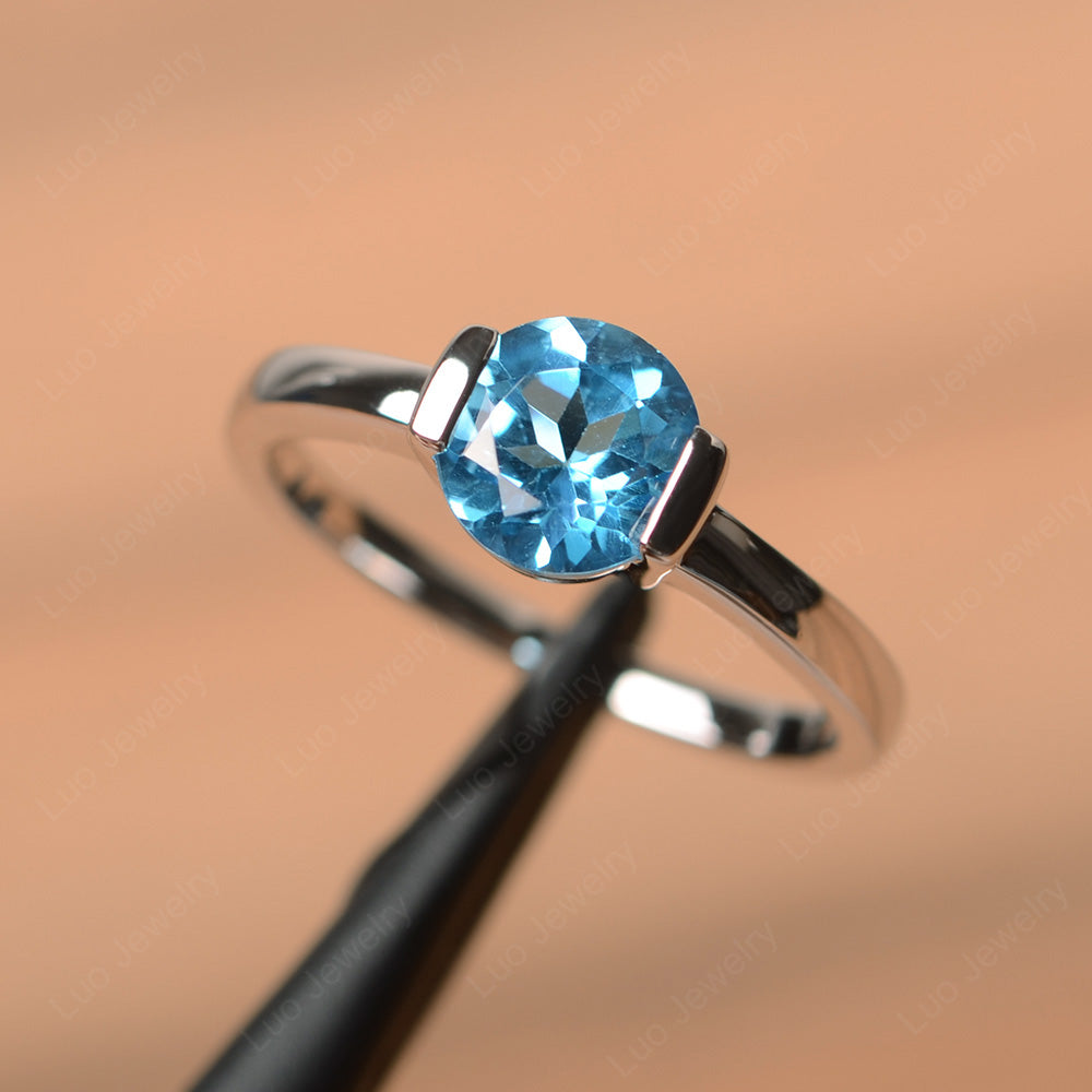Round Cut Swiss Blue Topaz Solitaire Bezel Ring - LUO Jewelry
