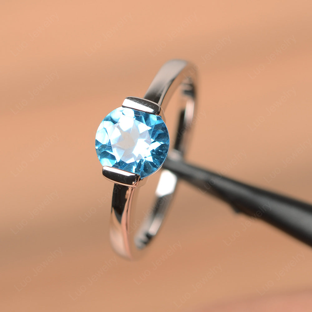 Round Cut Swiss Blue Topaz Solitaire Bezel Ring - LUO Jewelry