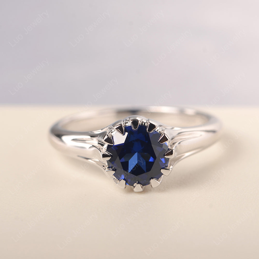 Vintage Lab Sapphire Solitaire Engagement Ring - LUO Jewelry