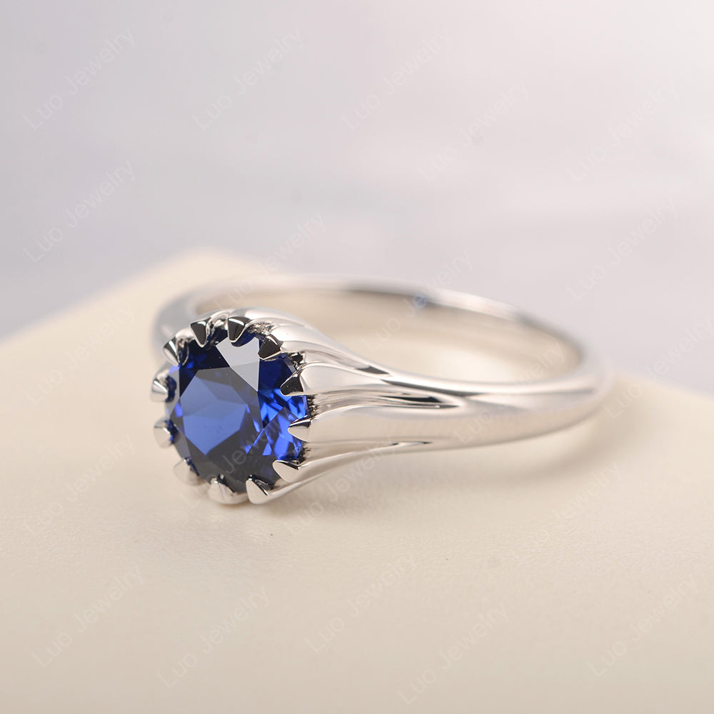 Vintage Lab Sapphire Solitaire Engagement Ring - LUO Jewelry