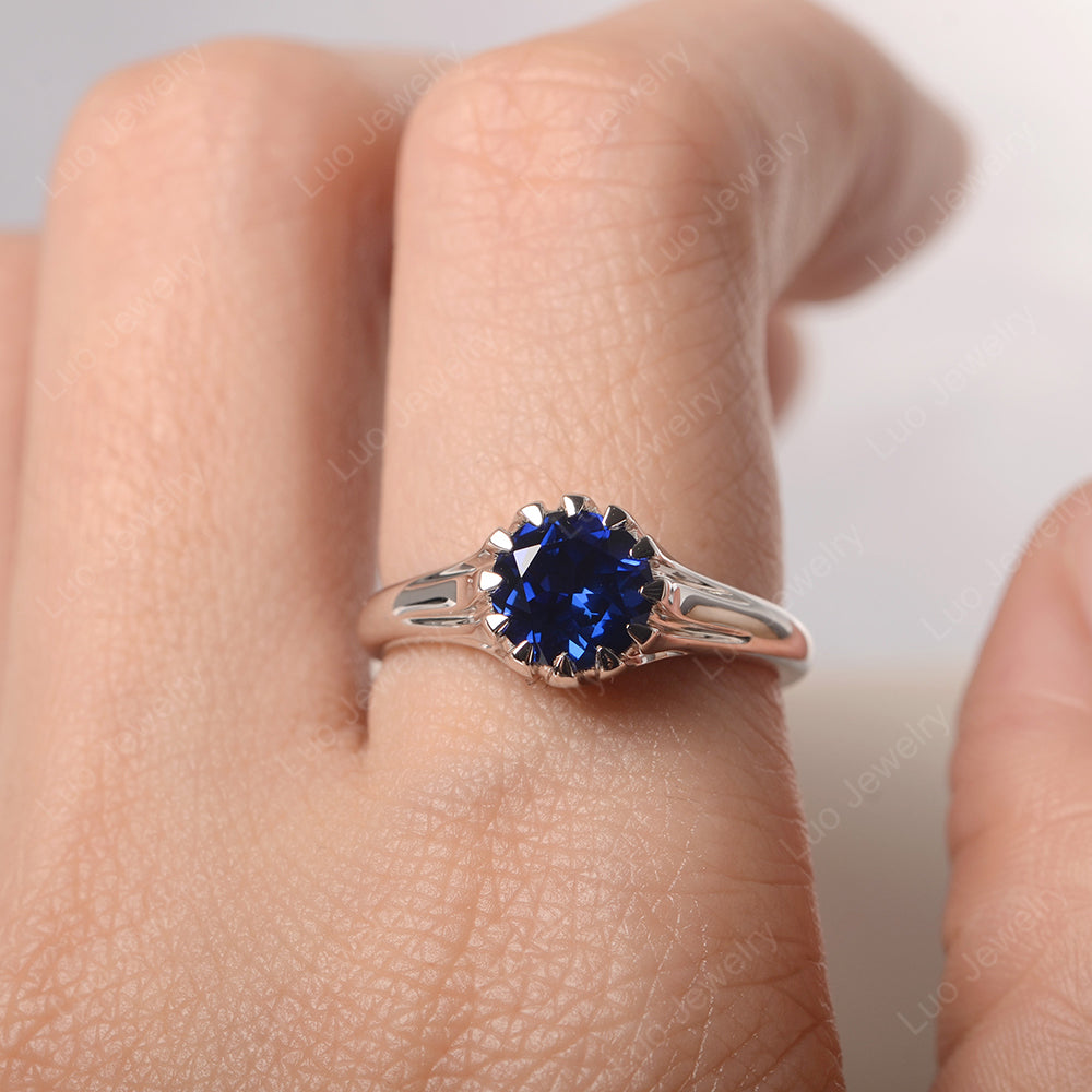 Vintage Lab Sapphire Solitaire Engagement Ring - LUO Jewelry