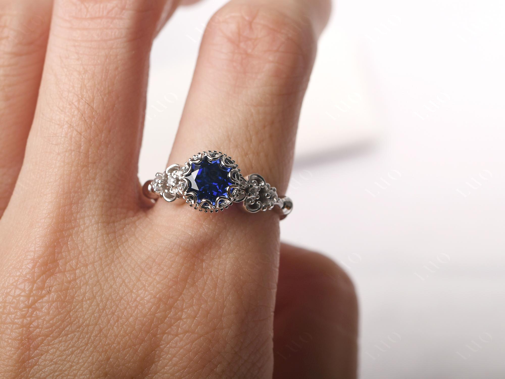 Art Deco Vintage Inspired Lab Created Sapphire Ring - LUO Jewelry