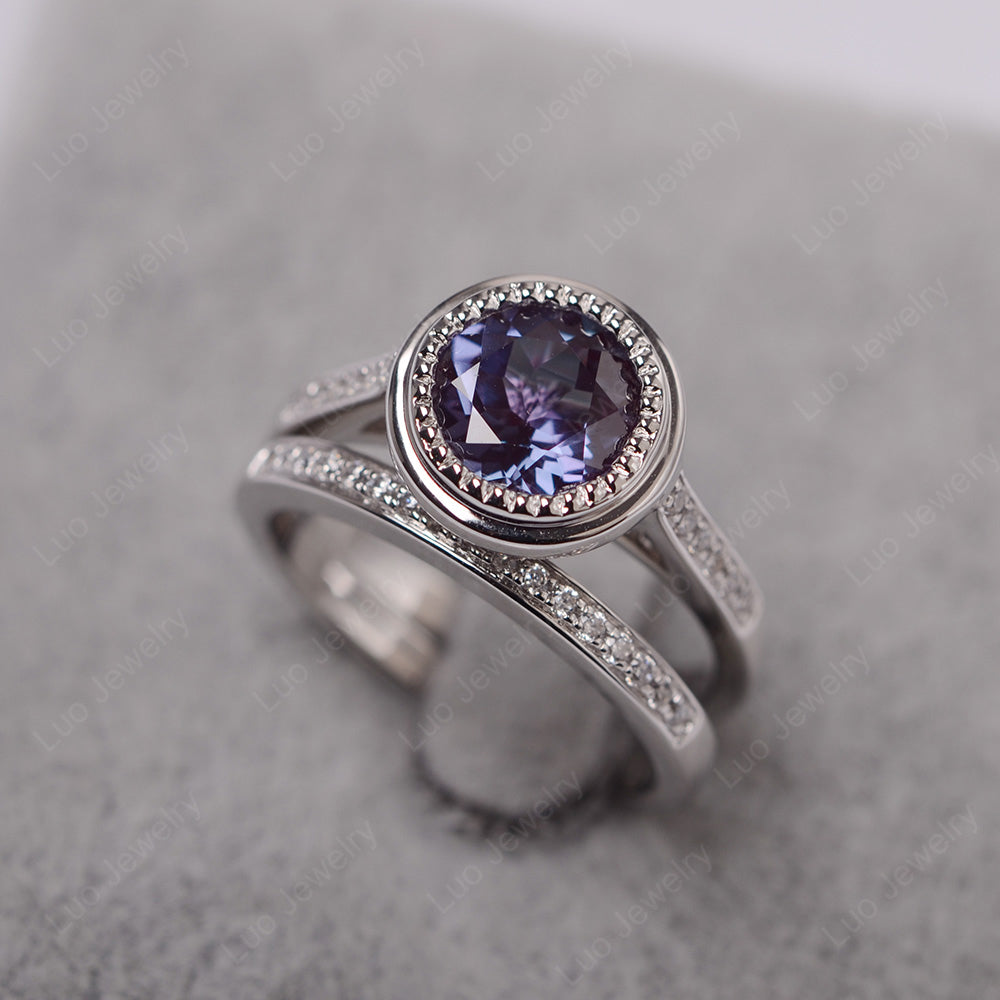 Vintage Alexandrite Bridal Ring Bezel Set Silver - LUO Jewelry