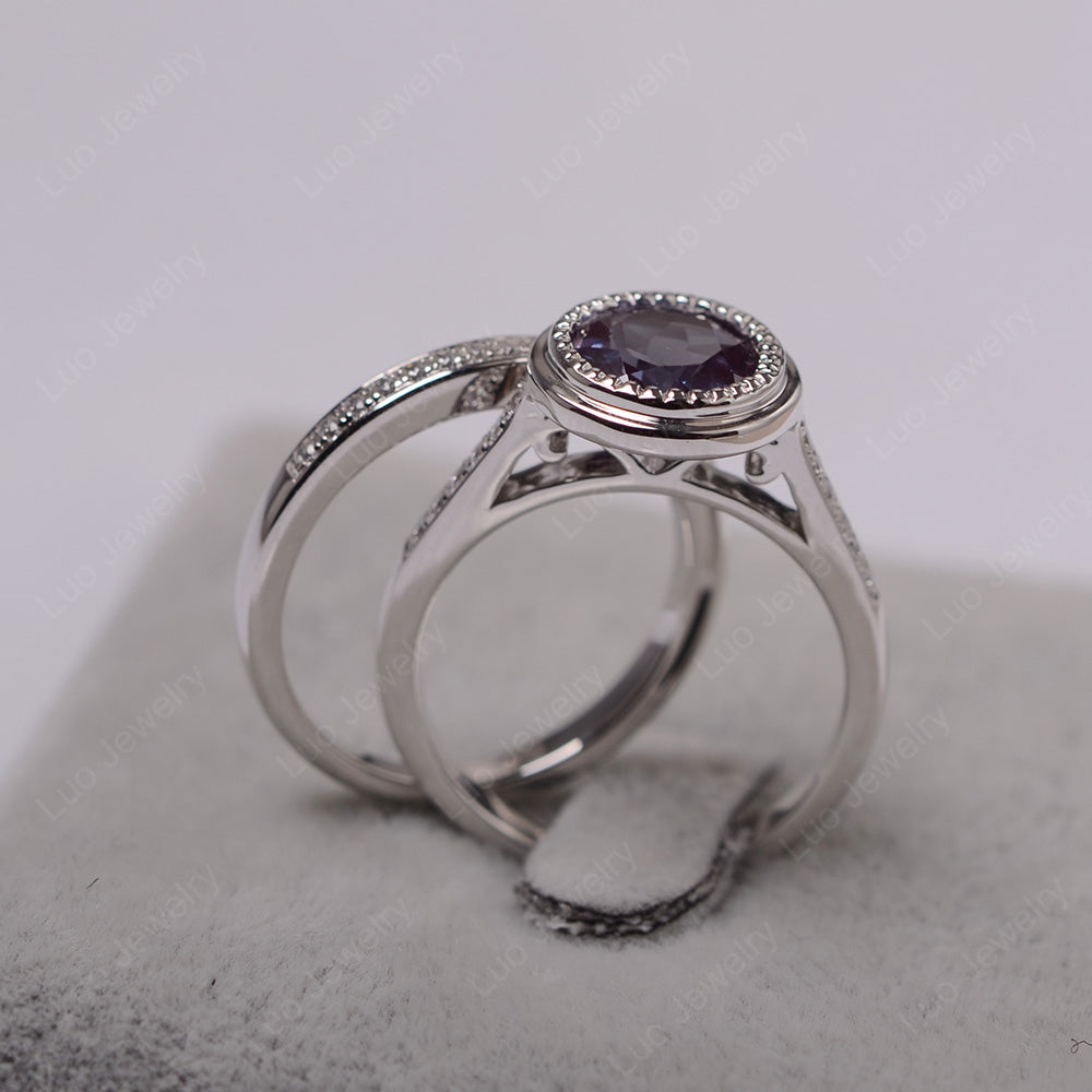 Vintage Alexandrite Bridal Ring Bezel Set Silver - LUO Jewelry