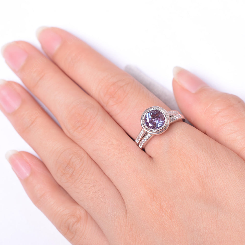 Vintage Alexandrite Bridal Ring Bezel Set Silver - LUO Jewelry