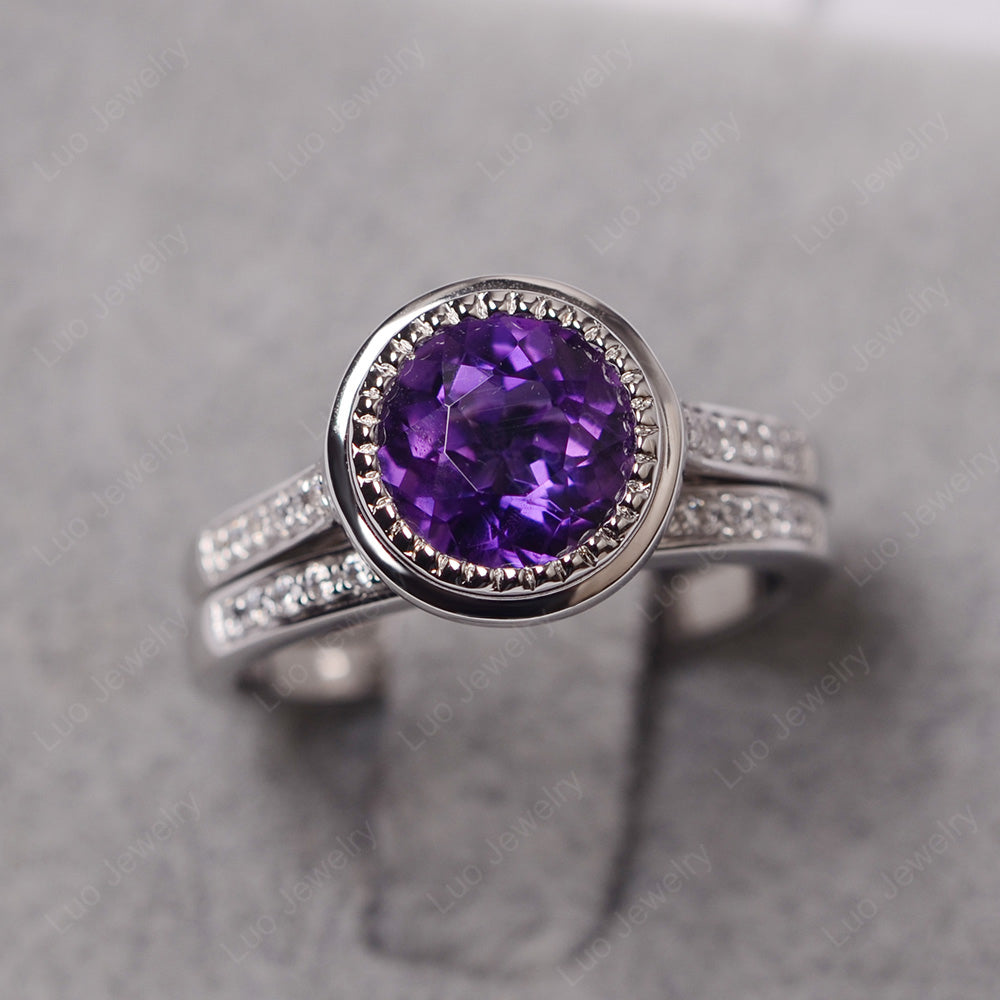 Vintage Amethyst Bridal Ring Bezel Set Silver - LUO Jewelry