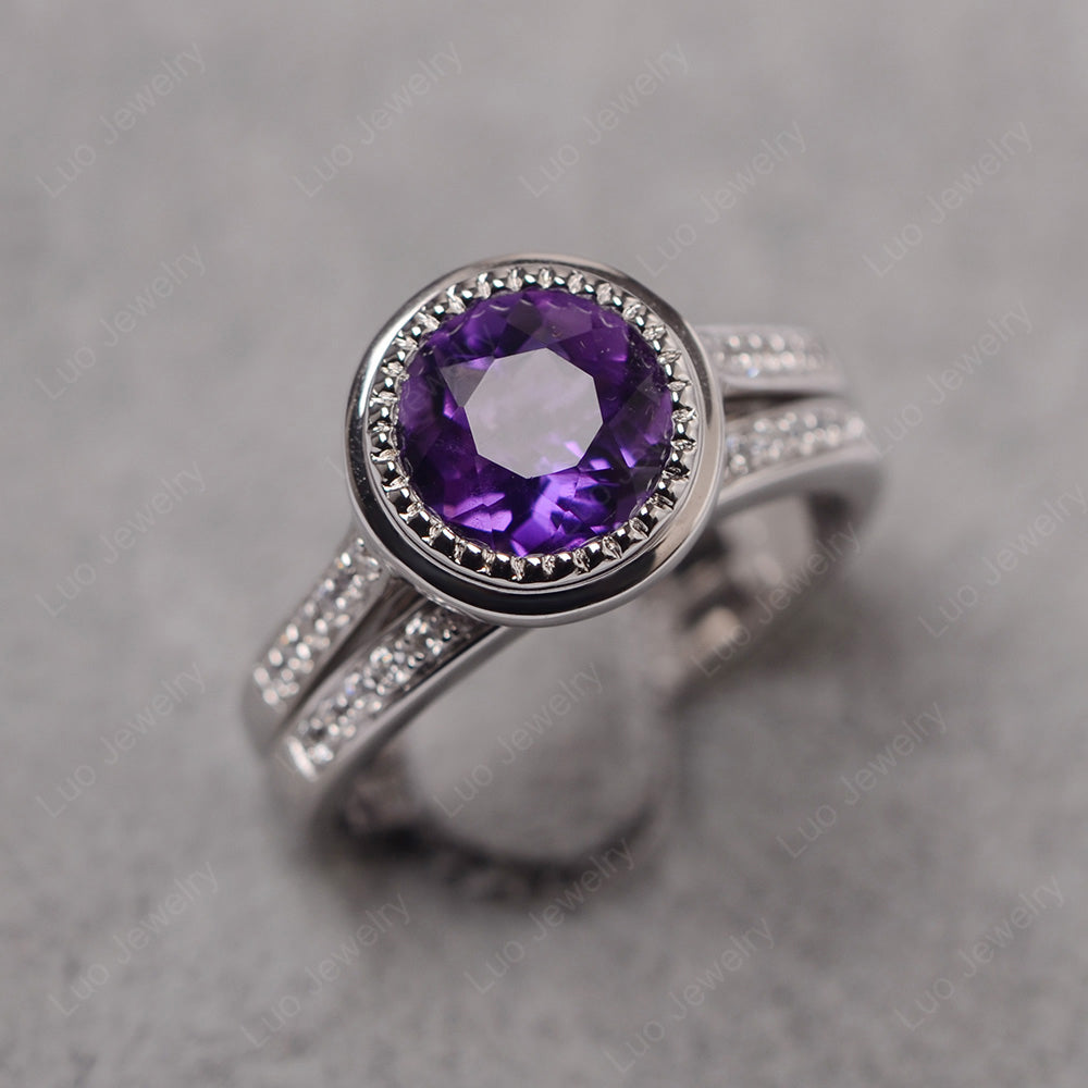 Vintage Amethyst Bridal Ring Bezel Set Silver - LUO Jewelry