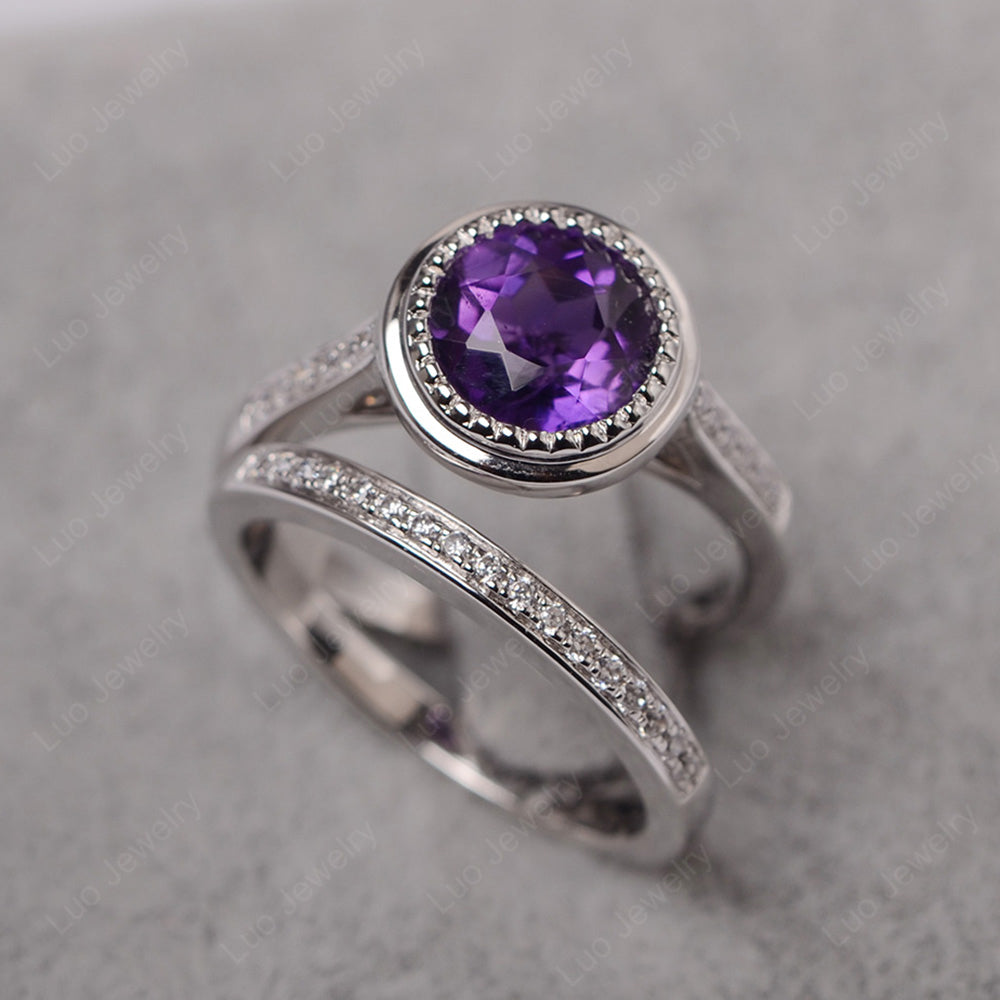 Vintage Amethyst Bridal Ring Bezel Set Silver - LUO Jewelry