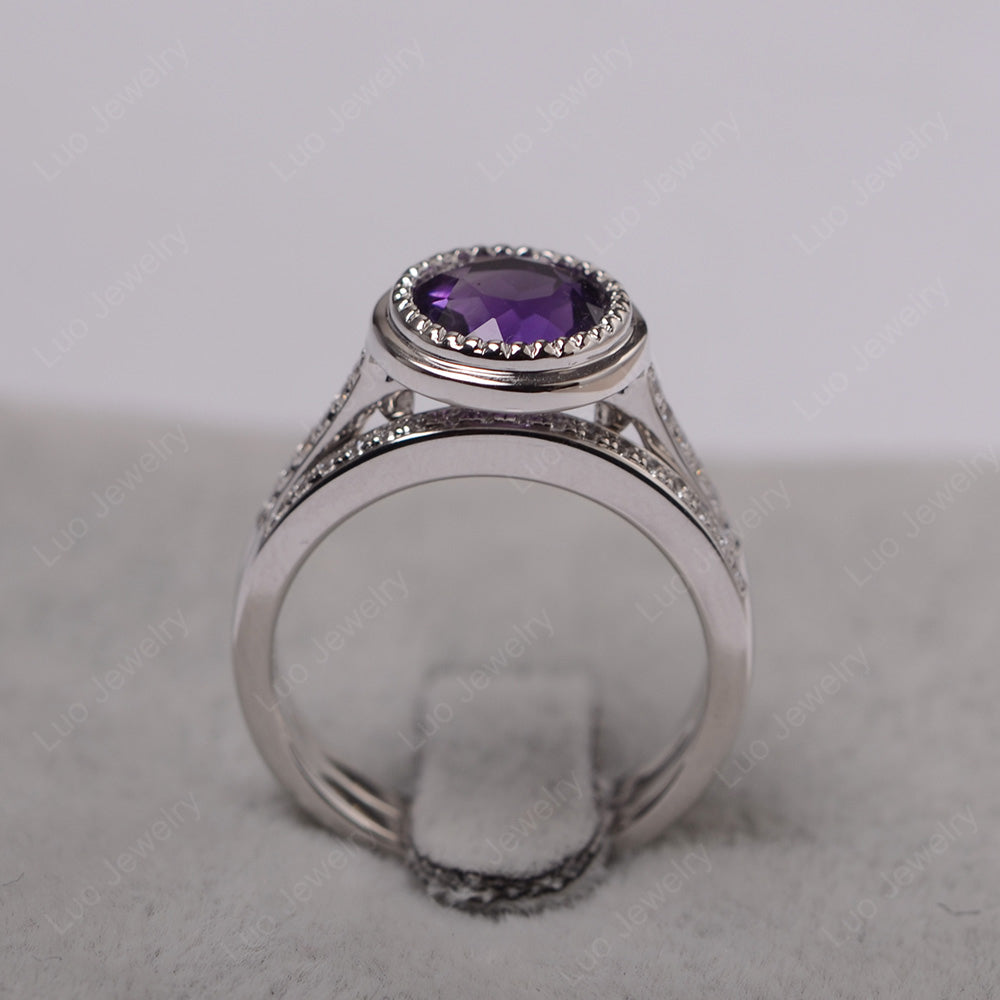 Vintage Amethyst Bridal Ring Bezel Set Silver - LUO Jewelry