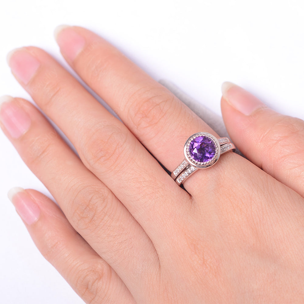 Vintage Amethyst Bridal Ring Bezel Set Silver - LUO Jewelry