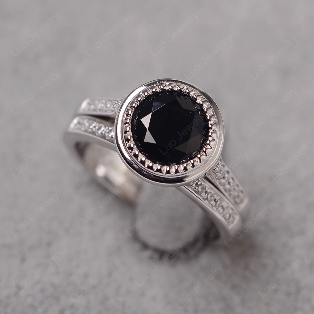 Vintage Black Spinel Bridal Ring Bezel Set Silver - LUO Jewelry