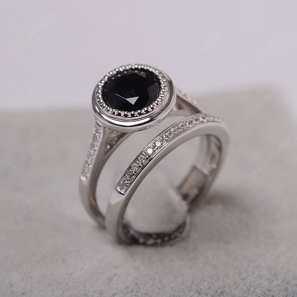 Vintage Black Spinel Bridal Ring Bezel Set Silver - LUO Jewelry