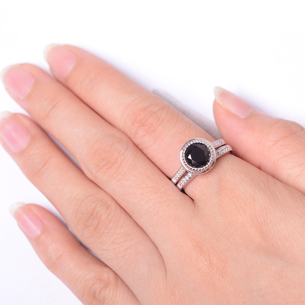 Vintage Black Spinel Bridal Ring Bezel Set Silver - LUO Jewelry