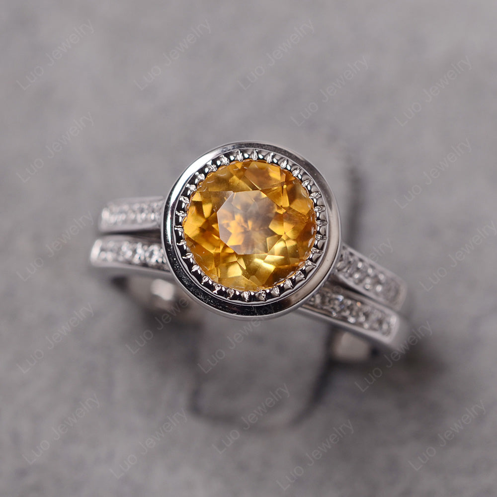 Vintage Citrine Bridal Ring Bezel Set Silver - LUO Jewelry