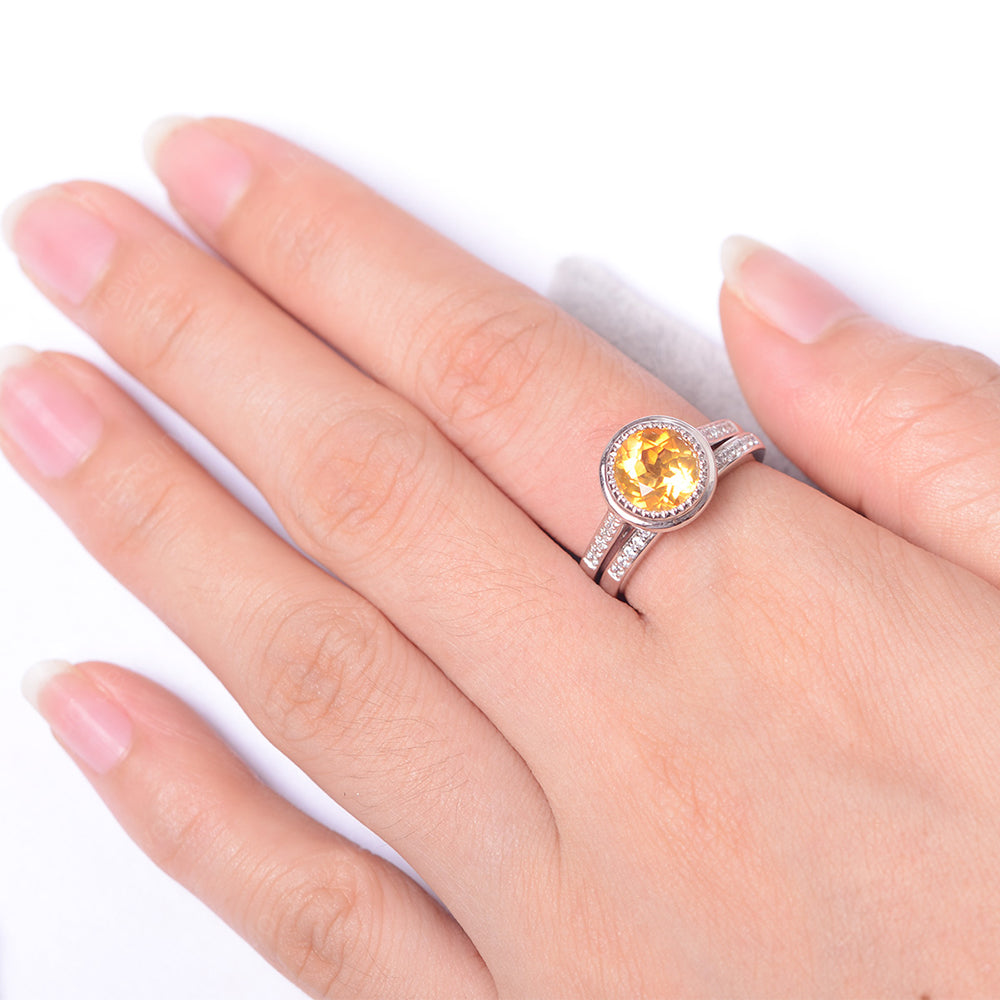 Vintage Citrine Bridal Ring Bezel Set Silver - LUO Jewelry