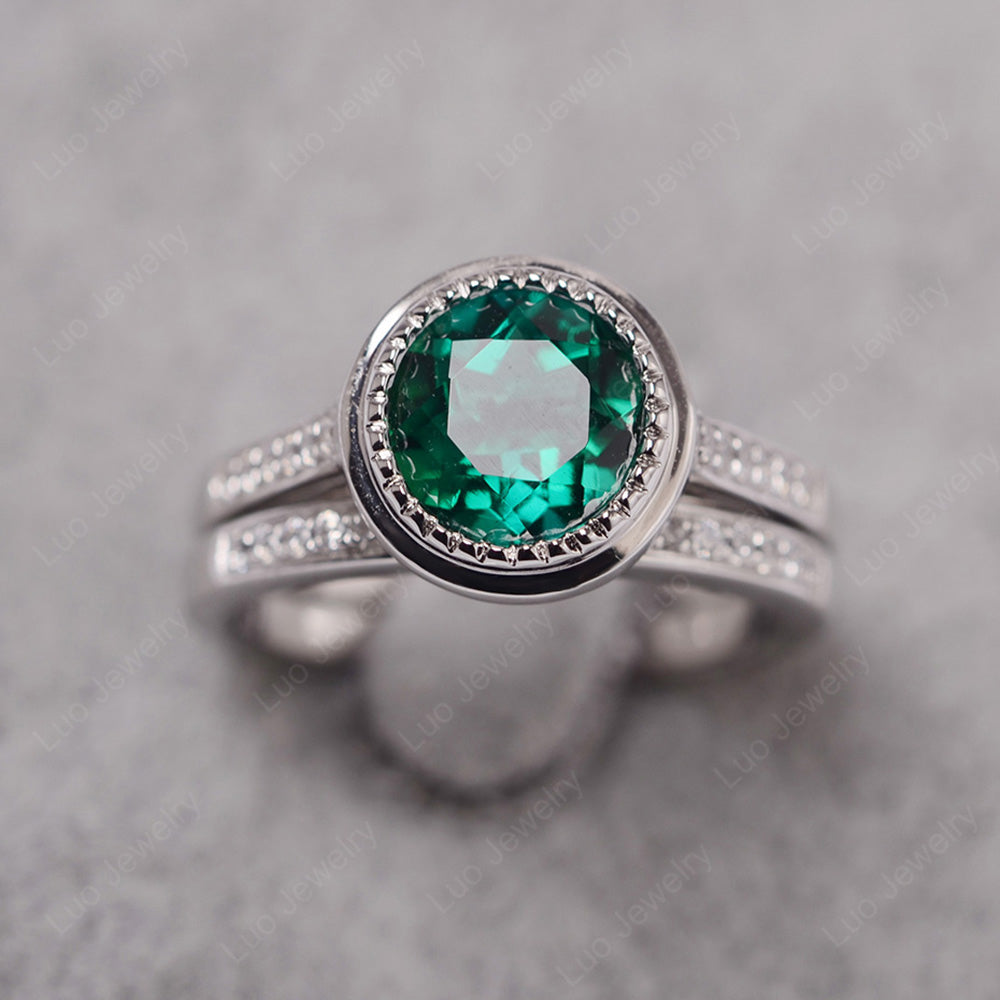 Vintage Lab Emerald Bridal Ring Bezel Set Silver - LUO Jewelry