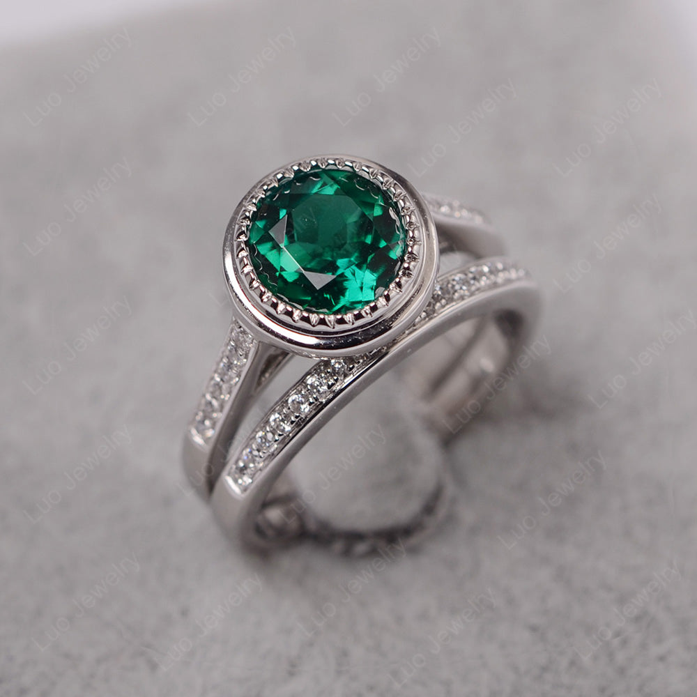 Vintage Lab Emerald Bridal Ring Bezel Set Silver - LUO Jewelry