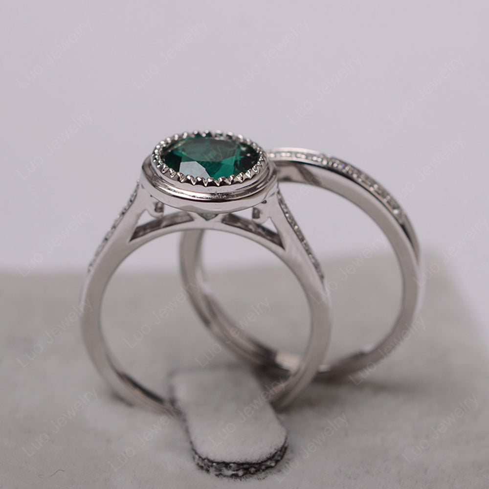 Vintage Lab Emerald Bridal Ring Bezel Set Silver - LUO Jewelry