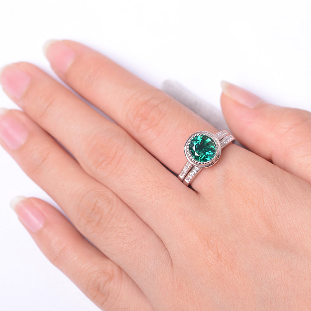 Vintage Lab Emerald Bridal Ring Bezel Set Silver - LUO Jewelry
